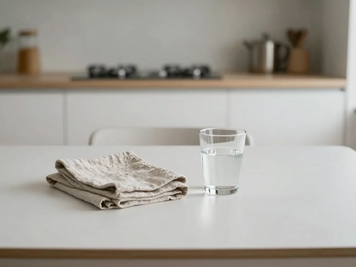 Soft morning light across a simple kitchen table with a folded li