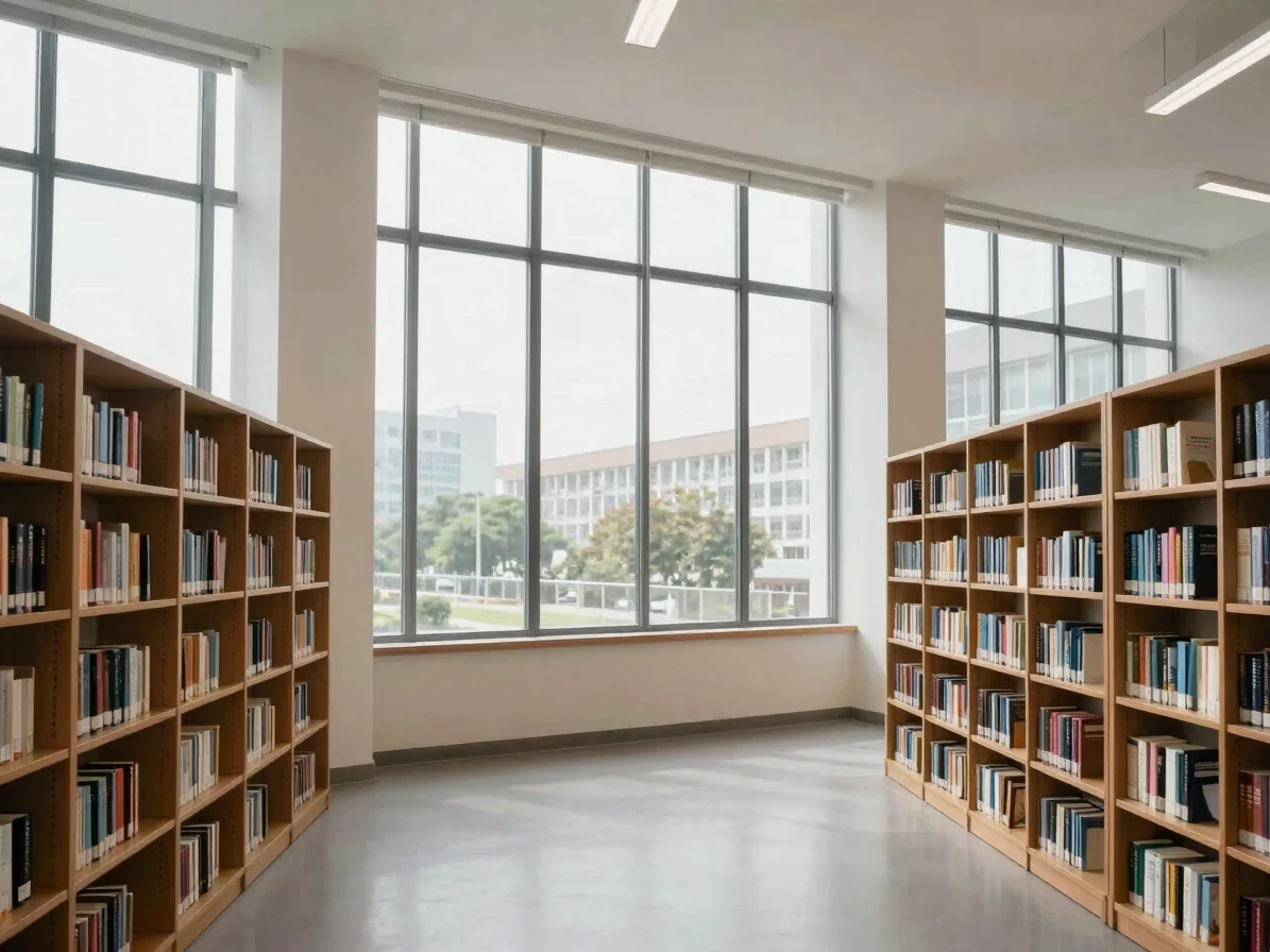 Bright reading room with tall windows and wooden shelves in natur