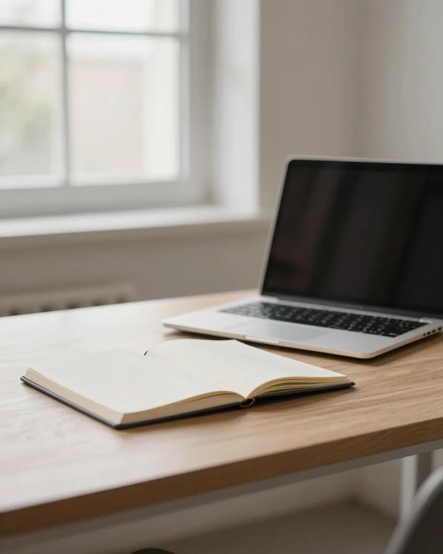 Editorial desk in a bright contemporary workspace, soft natural daylight from a nearby window, a notebook open beside a