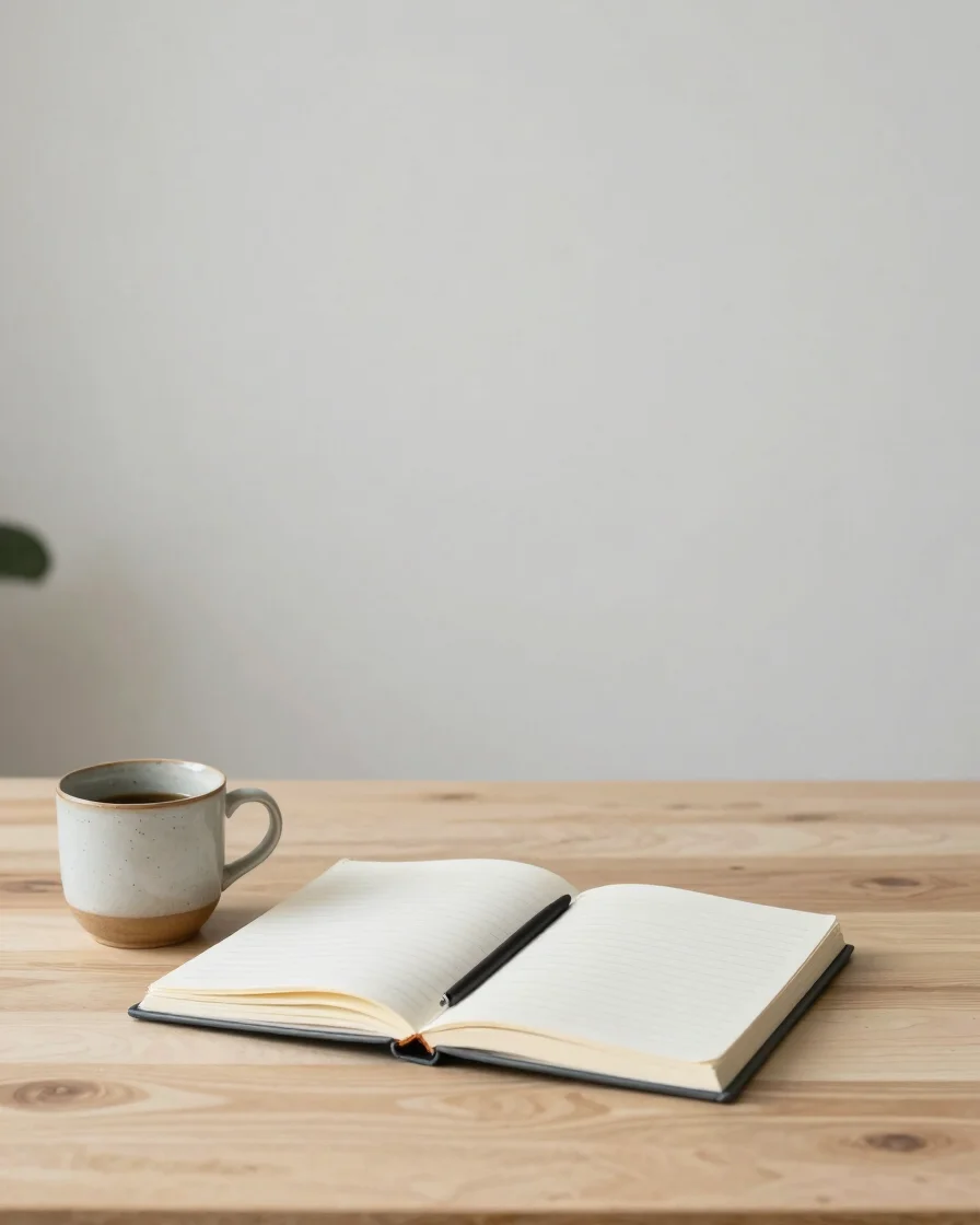 Wide editorial workspace in soft natural daylight, an open notebo